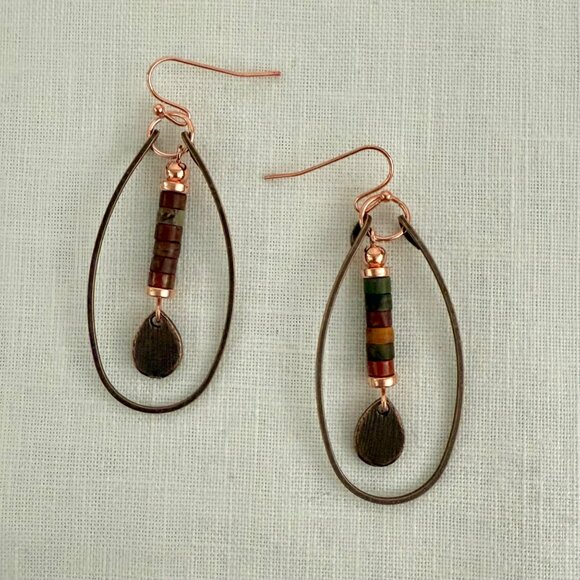 Copper Drop Hoop Teardrop Earrings Multicolor Beads Boho Earthy Indie Artistic - Picture 7 of 8